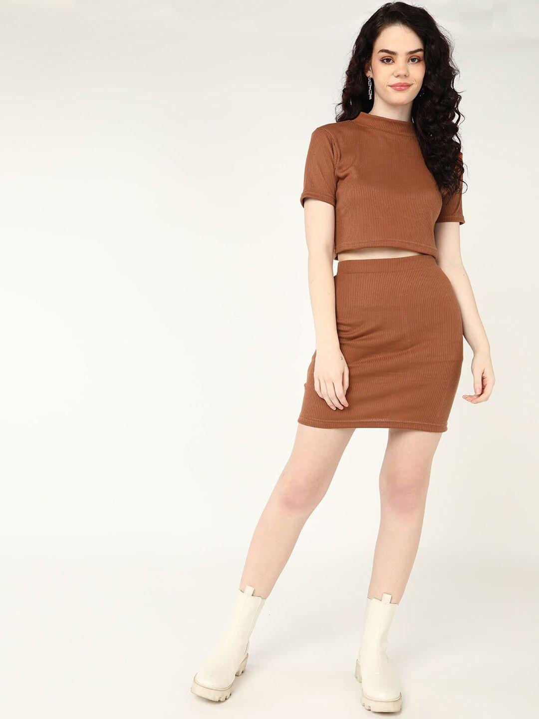 dressberry women brown solid pure cotton high neck top & skirt