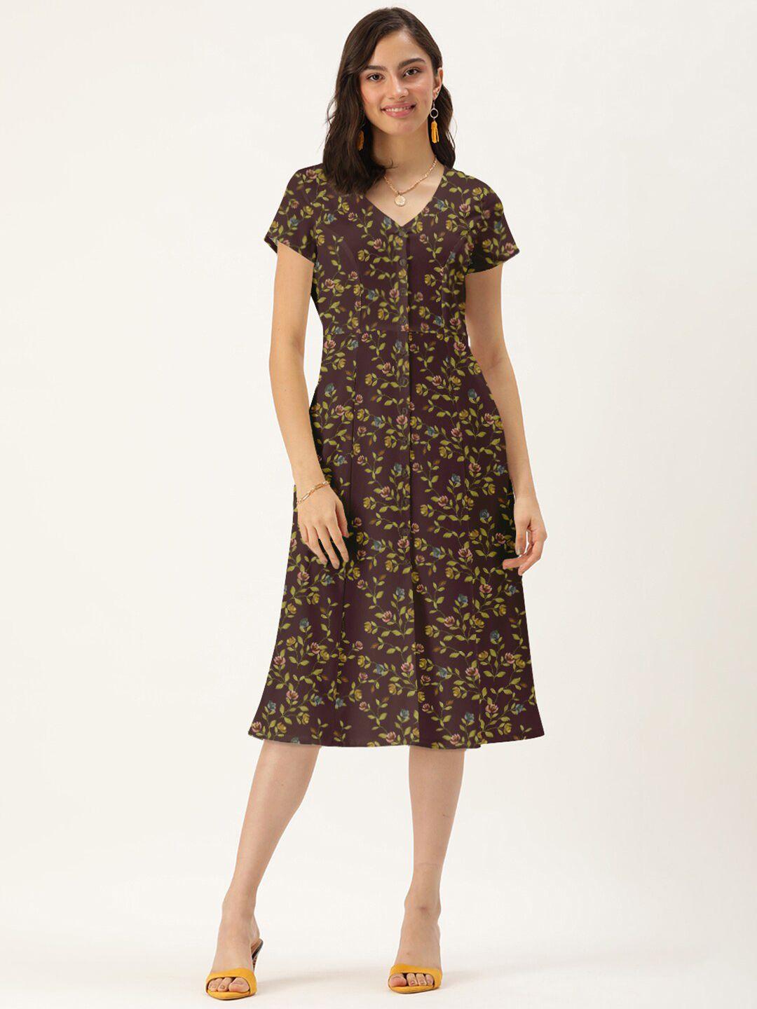 dressberry women brown v neck floral a-line dress