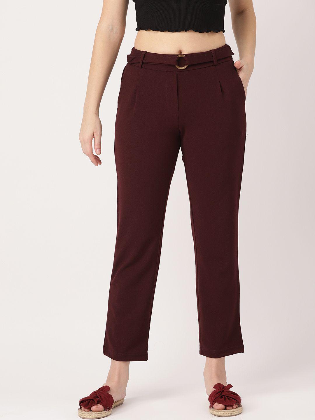 dressberry women burgundy regular fit solid cropped trousers