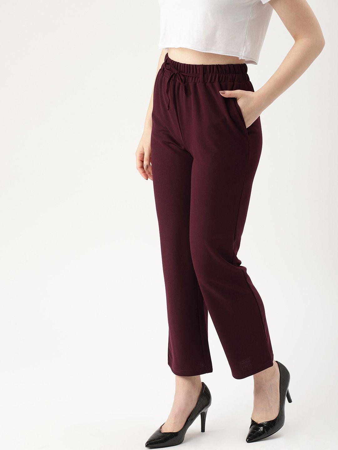 dressberry women burgundy regular fit solid regular cropped mid-rise trousers