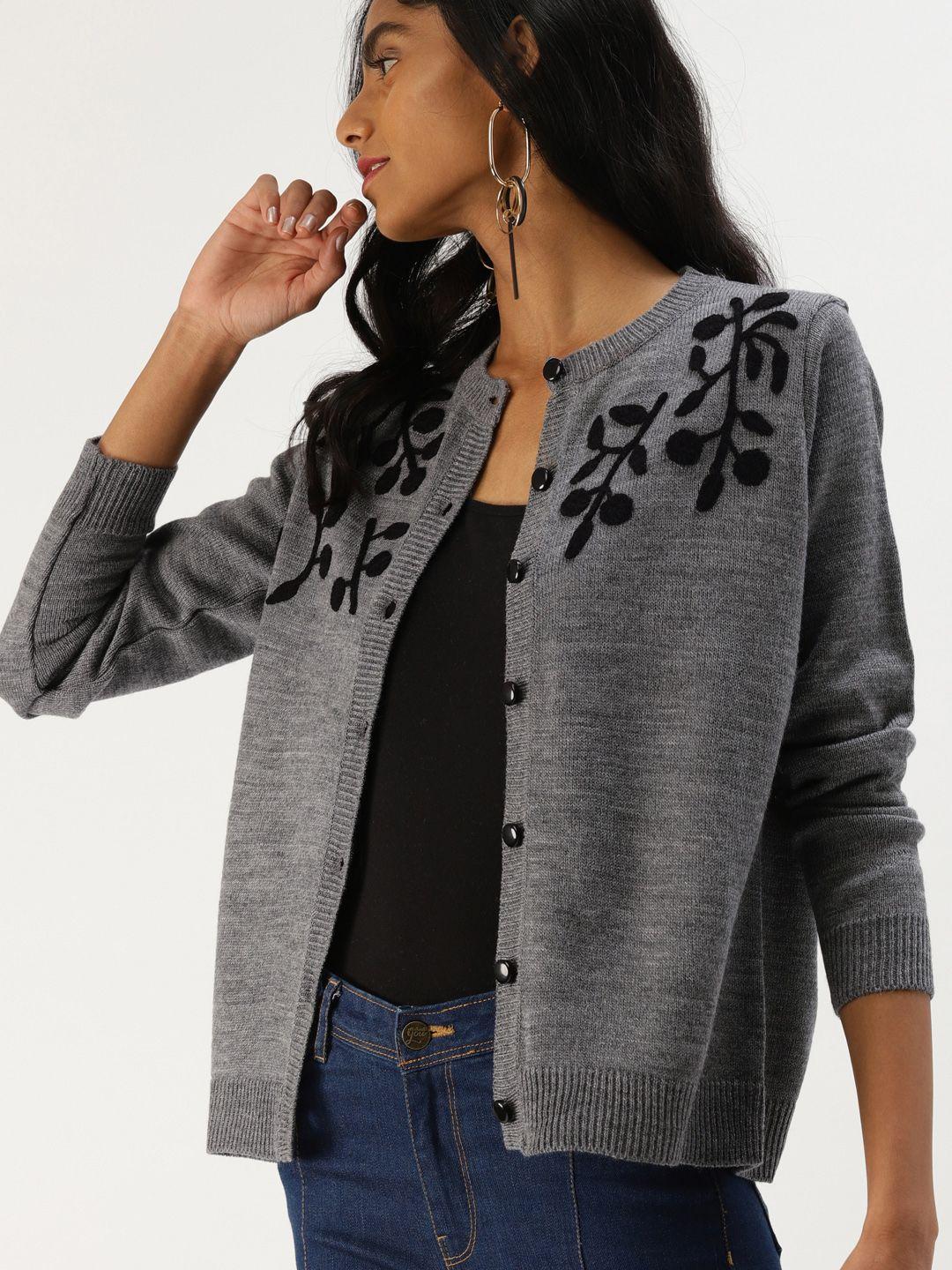 dressberry women charcoal grey self design cardigan