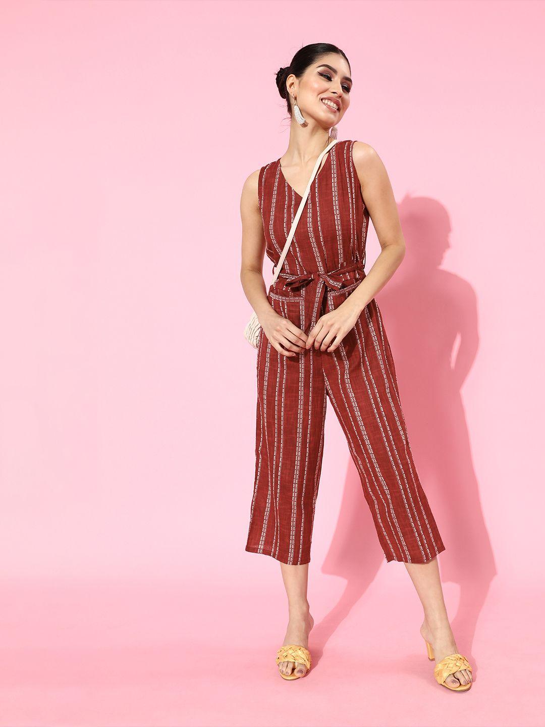 dressberry women charming maroon striped belted jumpsuit