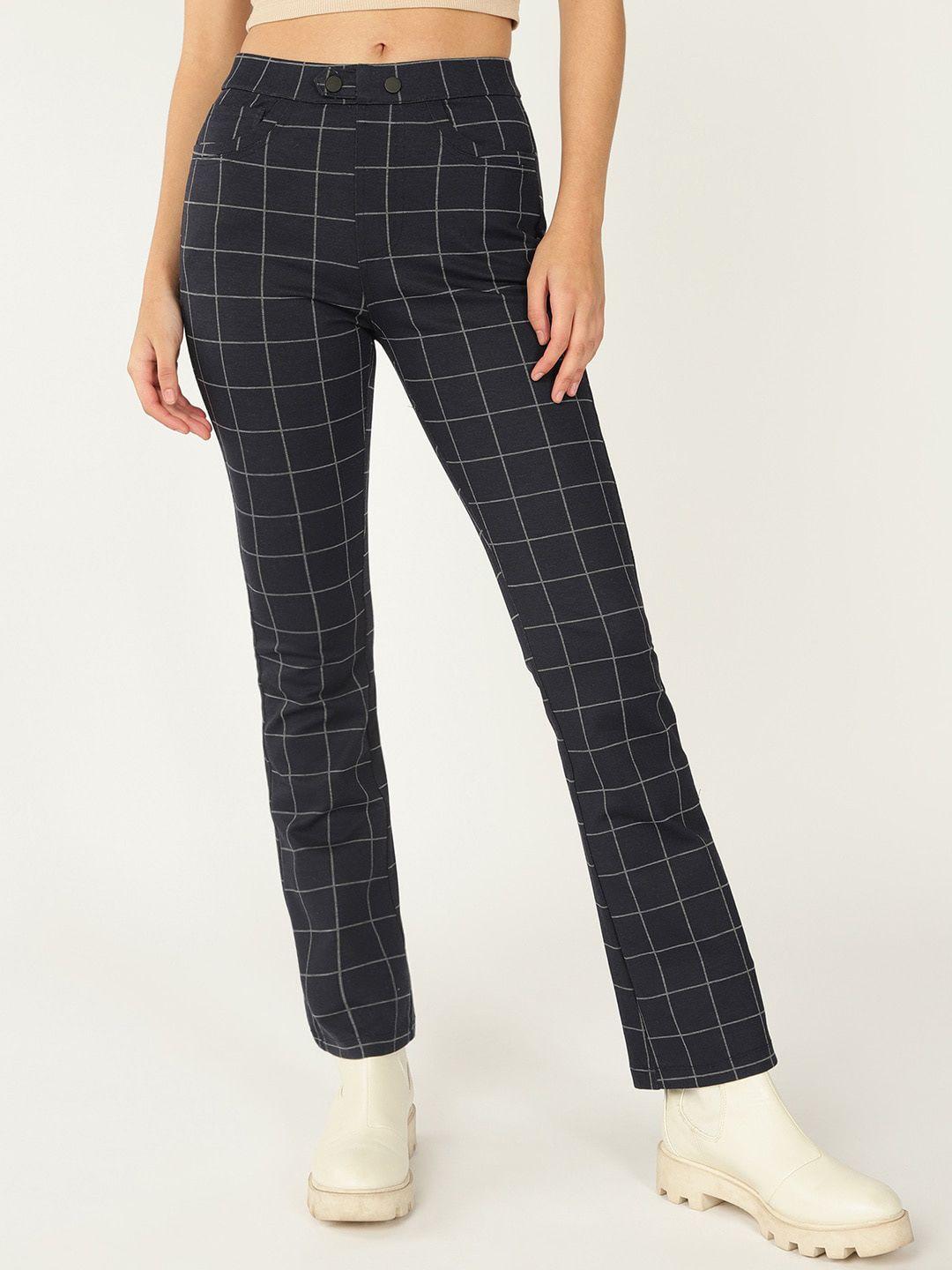 dressberry women checked straight fit mid-rise trousers