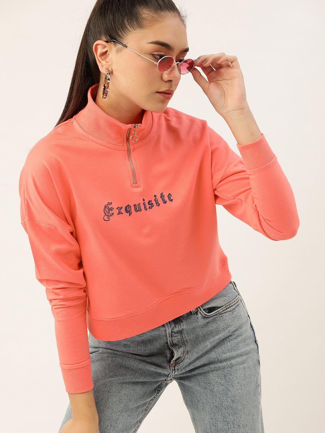 dressberry women coral pink pure cotton printed sweatshirt