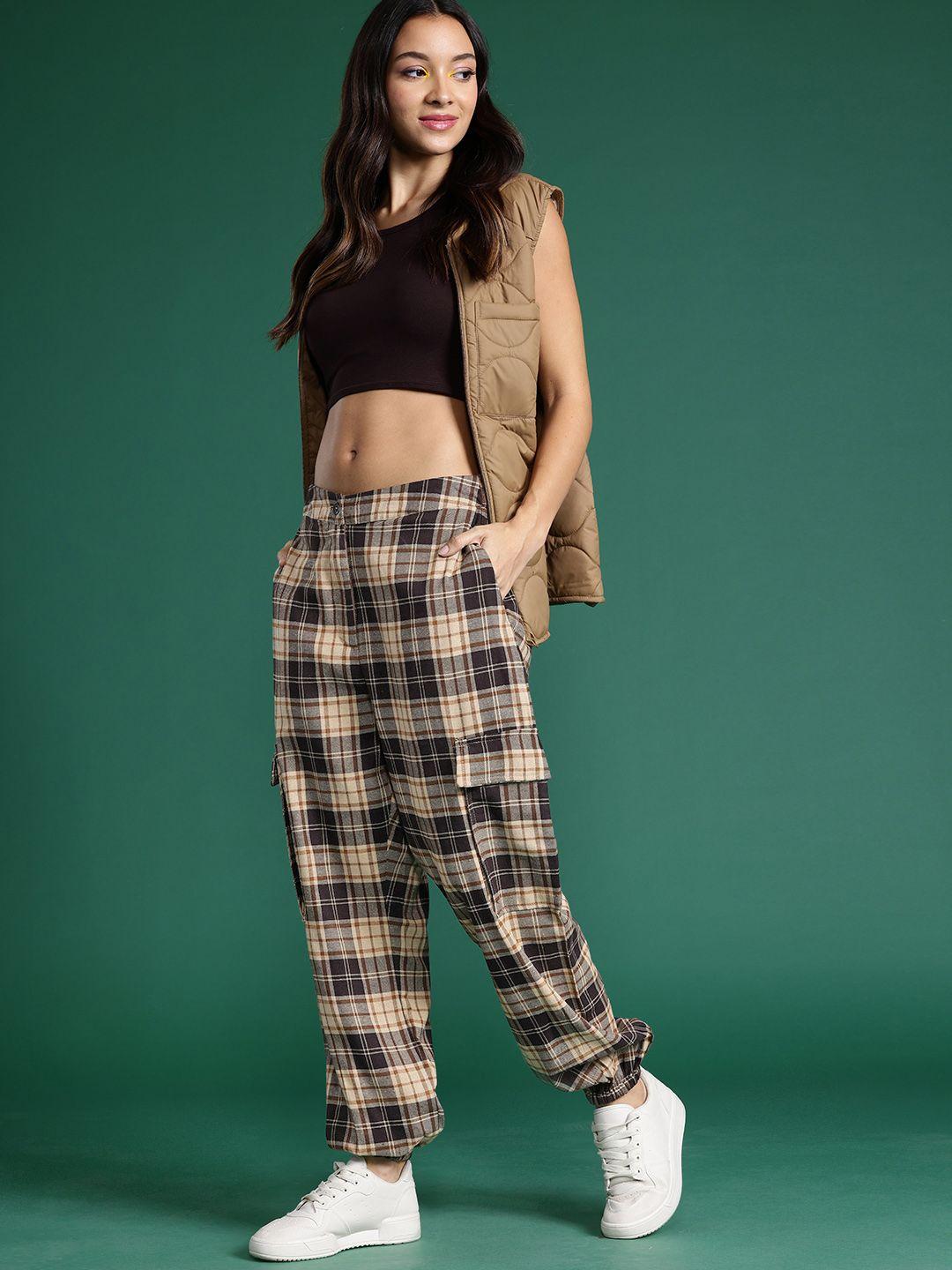 dressberry women cotton checked cargo joggers