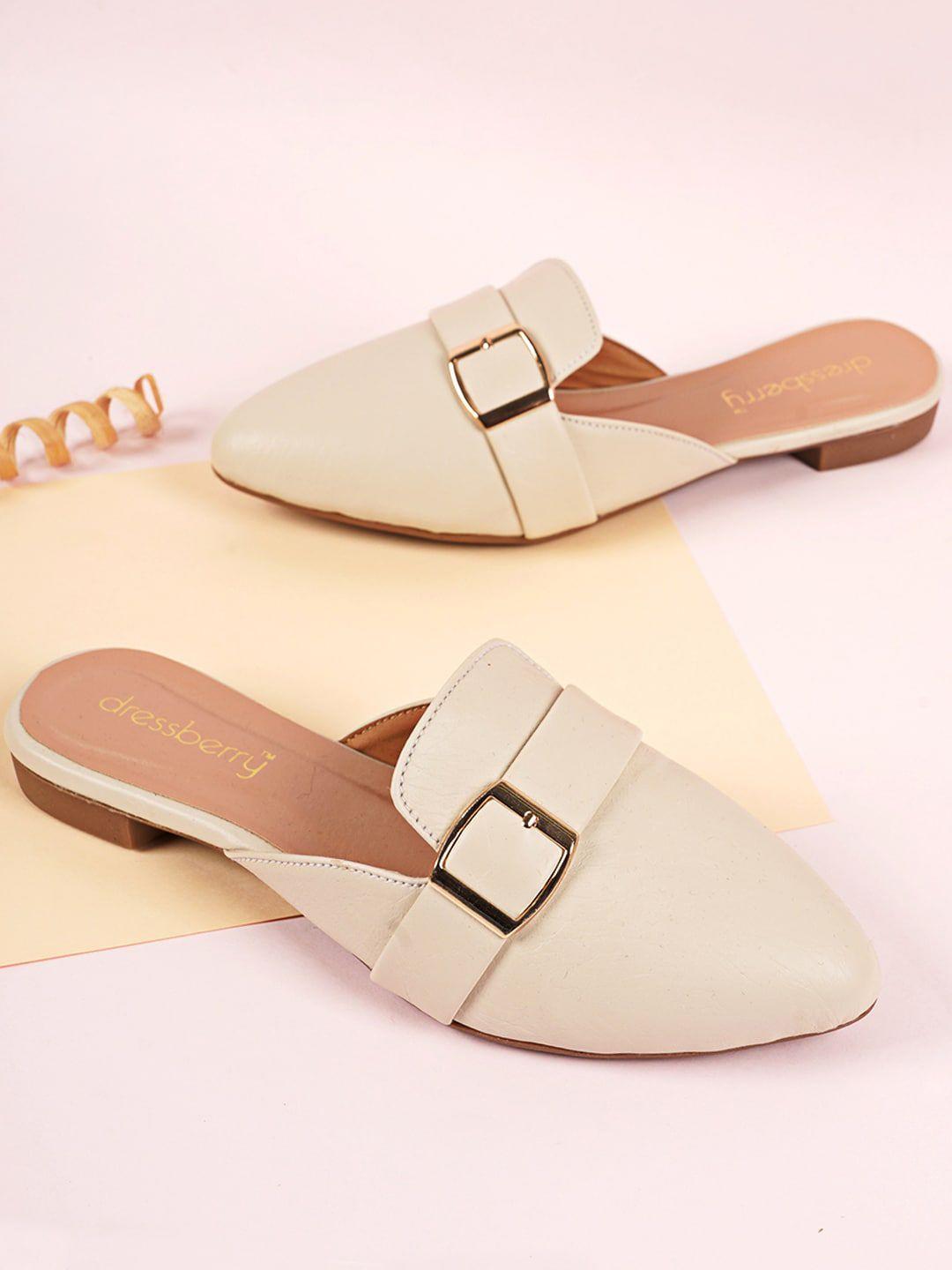 dressberry women cream-coloured pointed toe mules with buckle detail