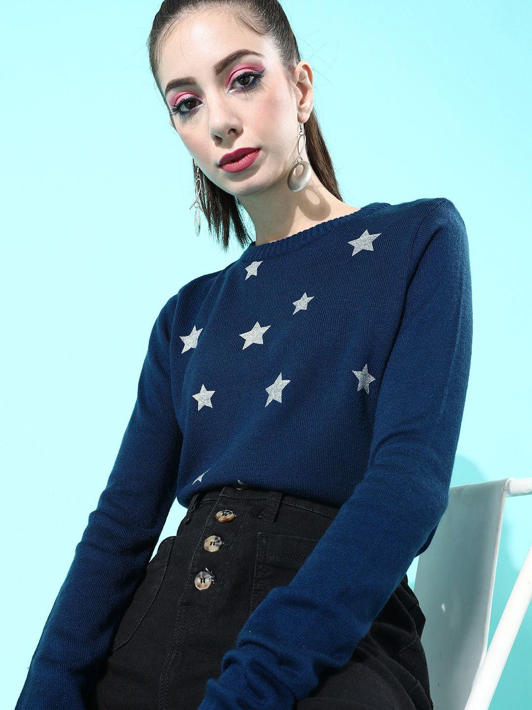 dressberry women deep navy blue conversational knitted sweater