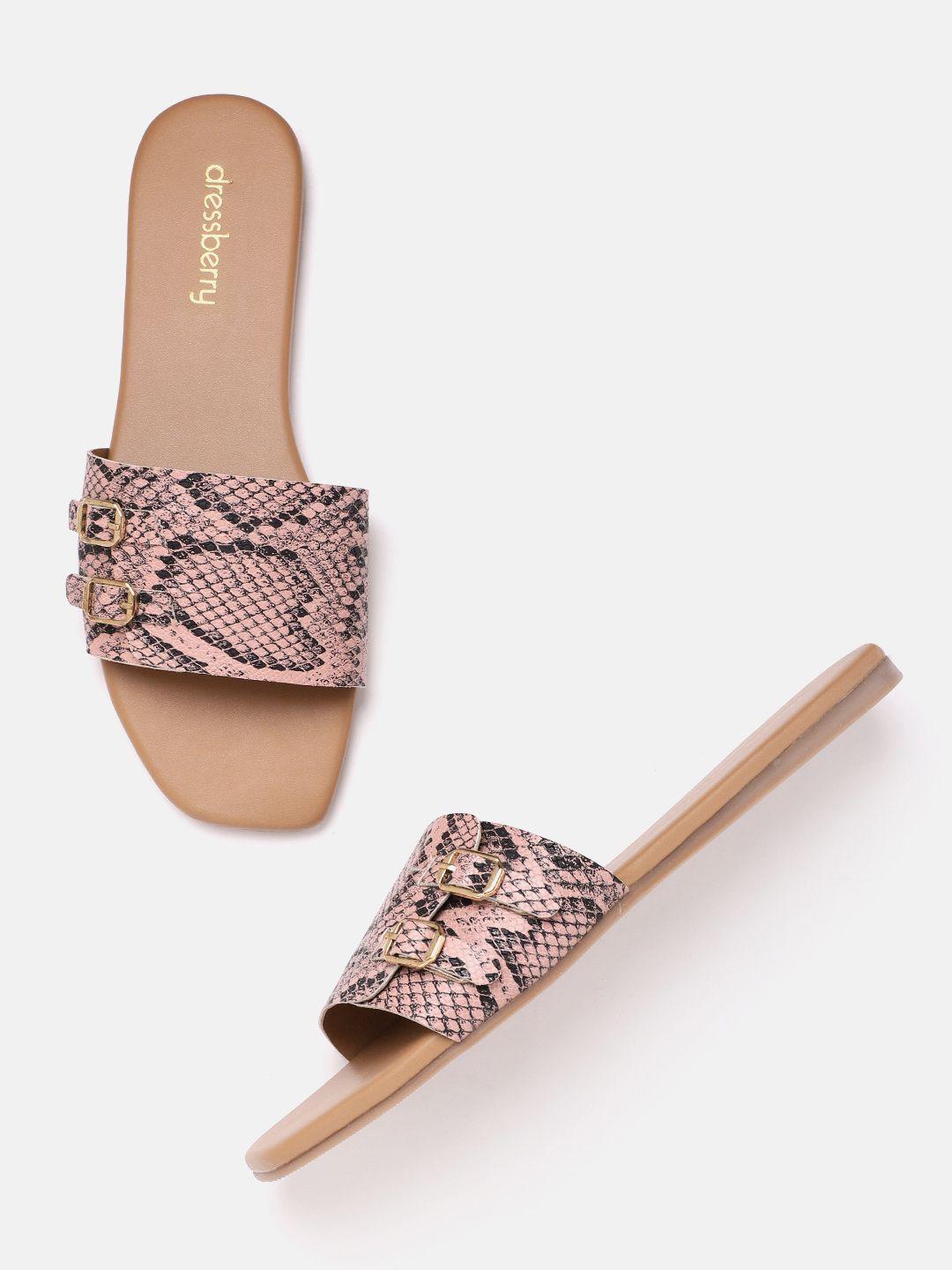 dressberry women dusty pink & black snakeskin print open toe flats with buckle detail