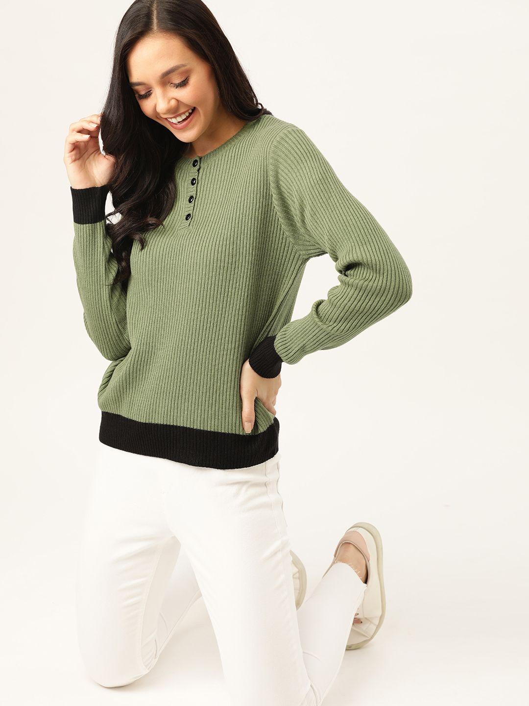 dressberry women green & black ribbed pullover sweater