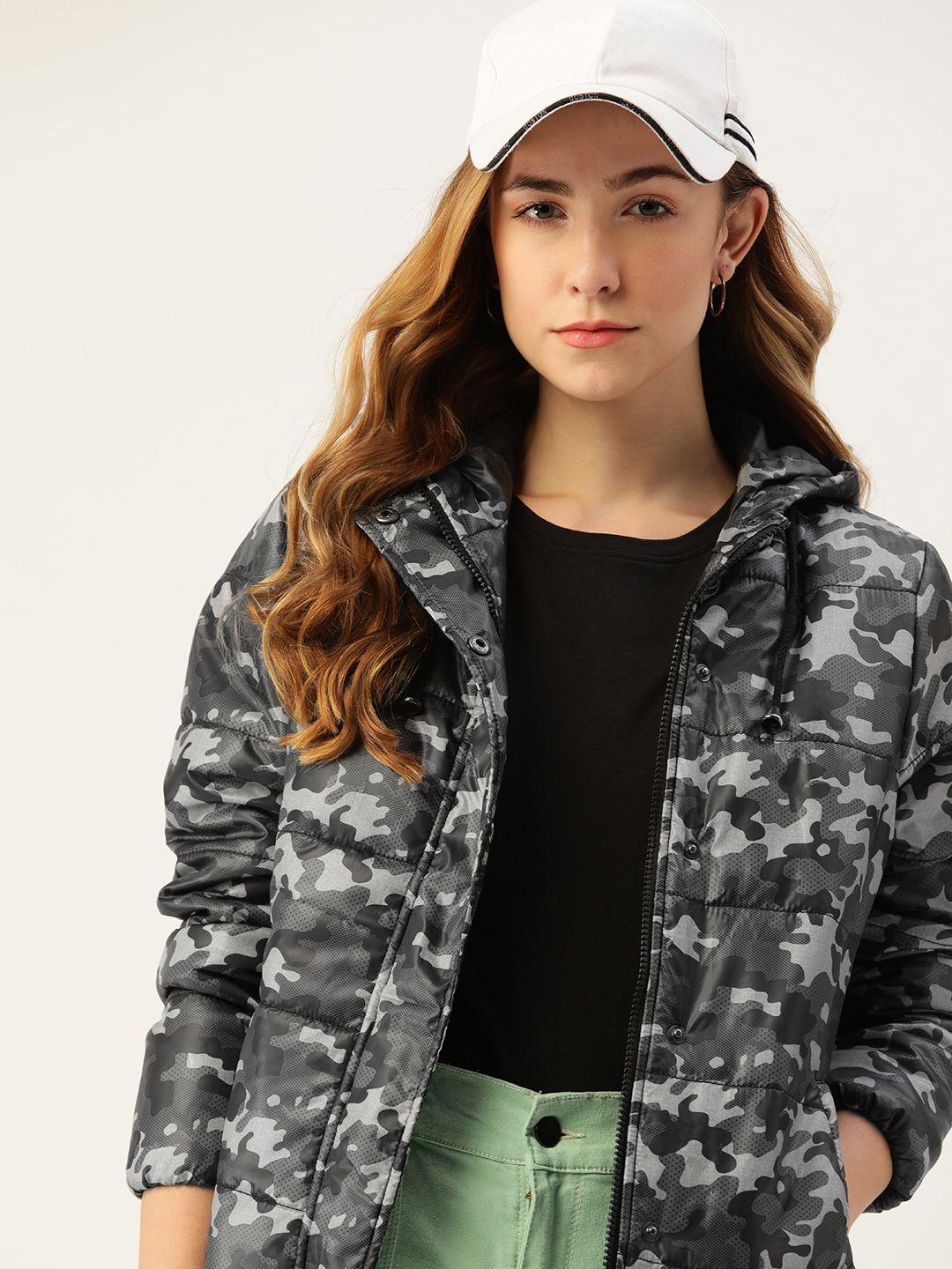 dressberry women green & grey camouflage print padded jacket