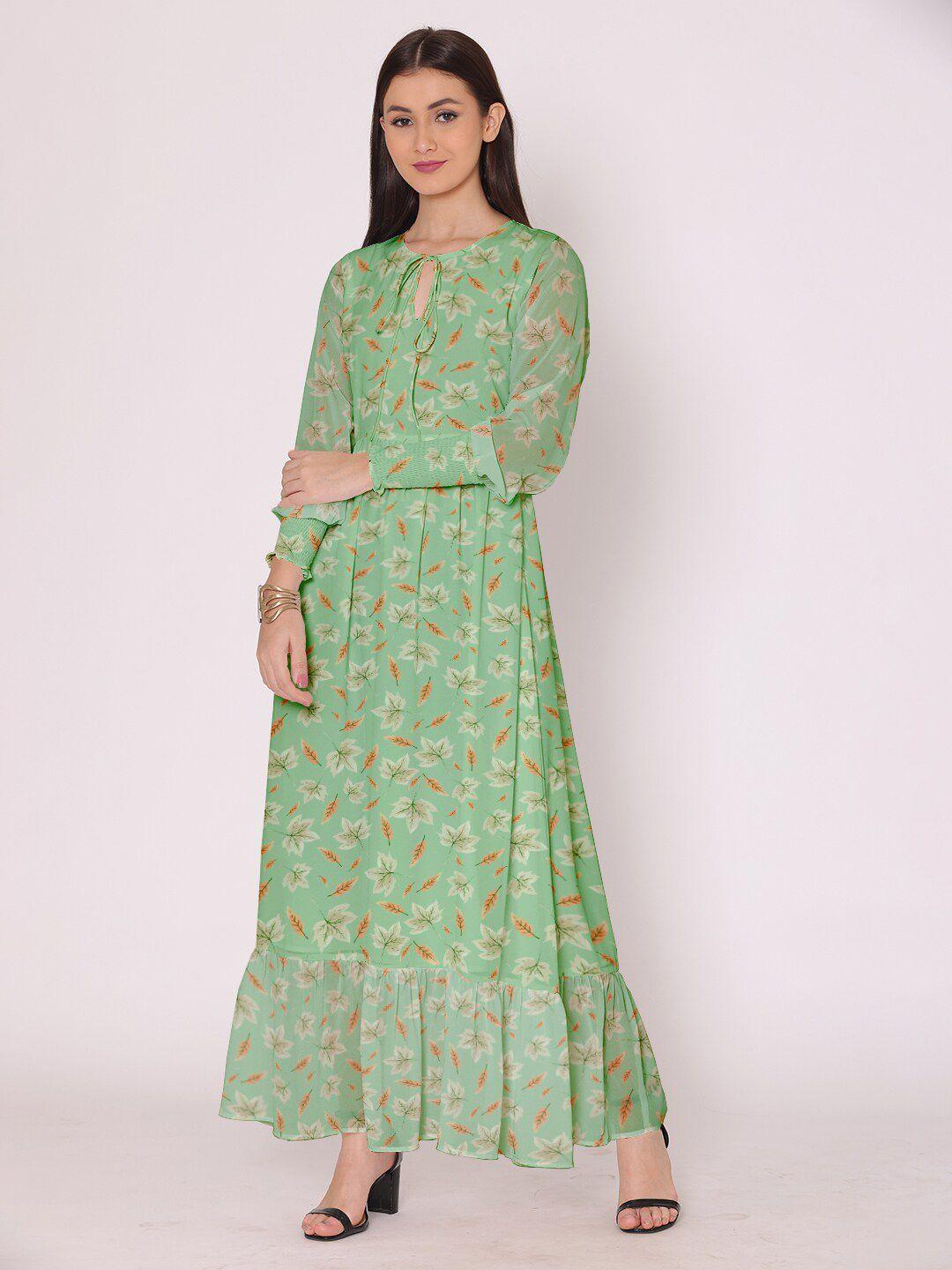 dressberry women green & orange floral printed georgette a-line maxi dress