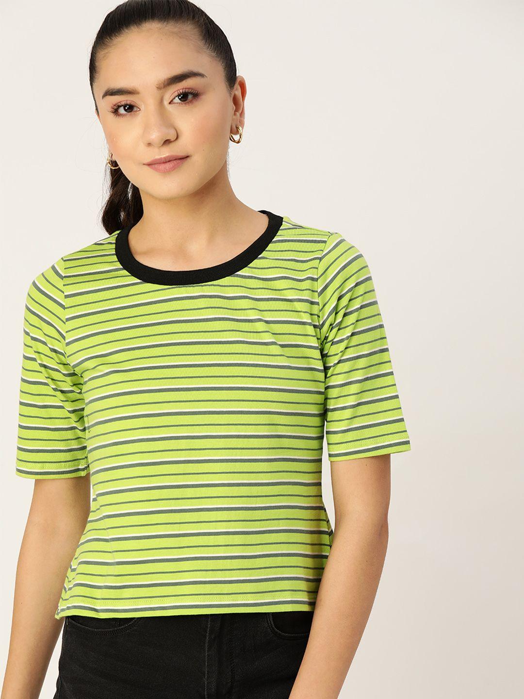 dressberry women green  grey pure cotton striped pure cotton t-shirt