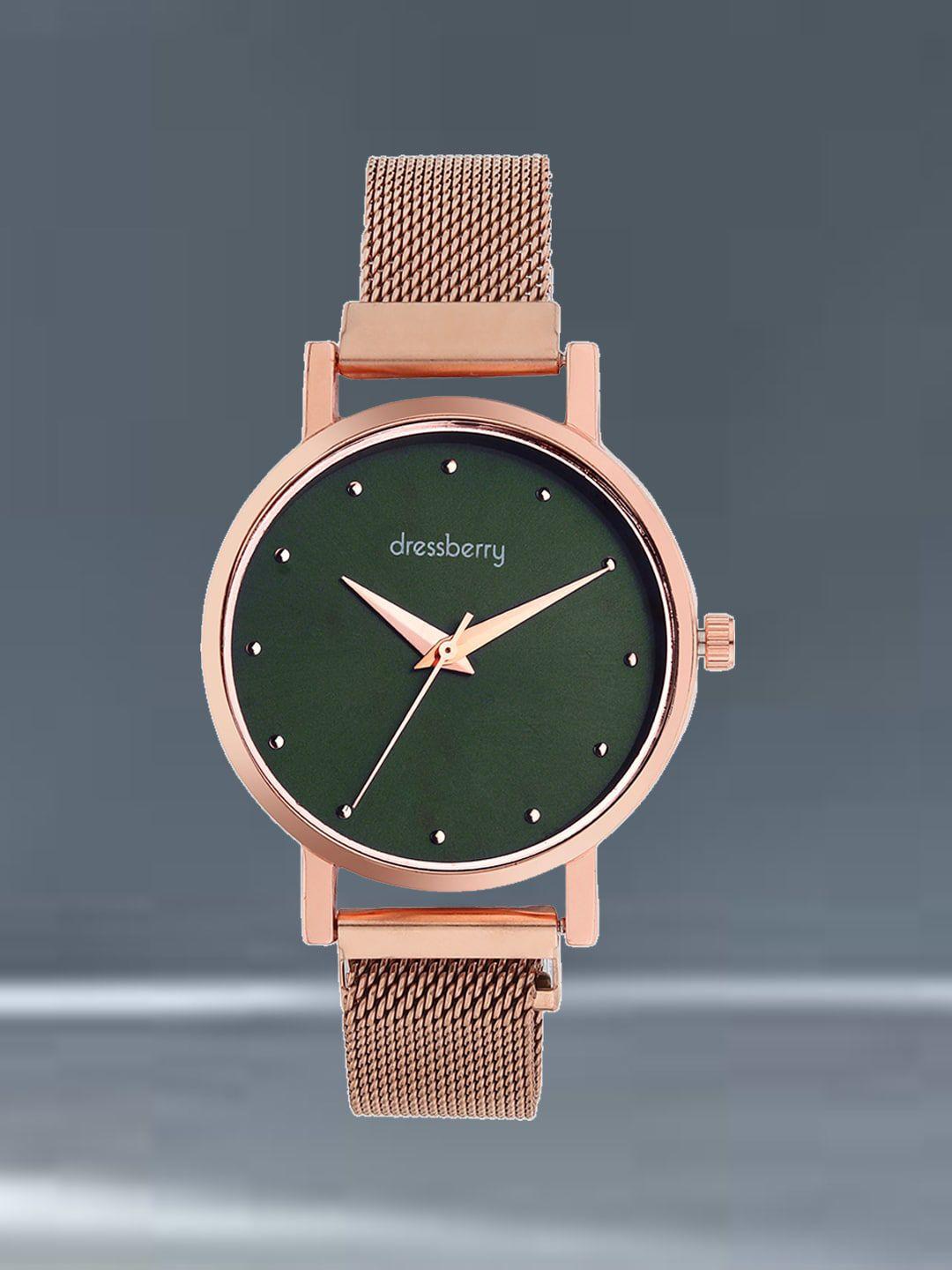 dressberry women green dial & rose gold toned stainless steel bracelet style straps analogue watch