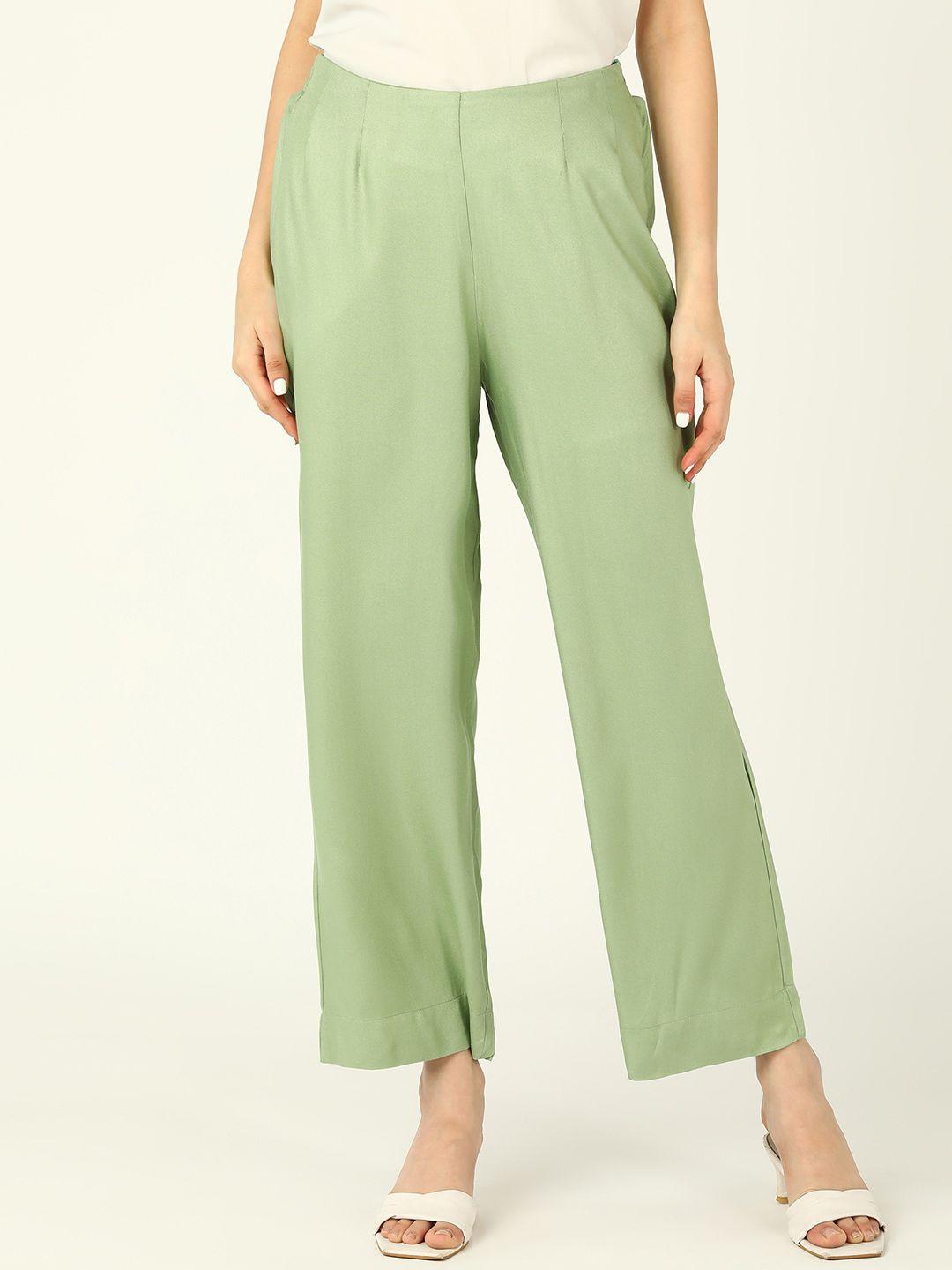 dressberry women green mid-rise regular fit pleated trousers