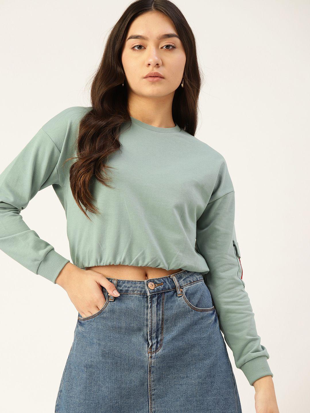 dressberry women green solid crop sweatshirt with sequined applique detail