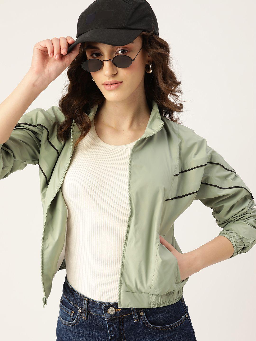 dressberry women green solid extended sleeves bomber jacket
