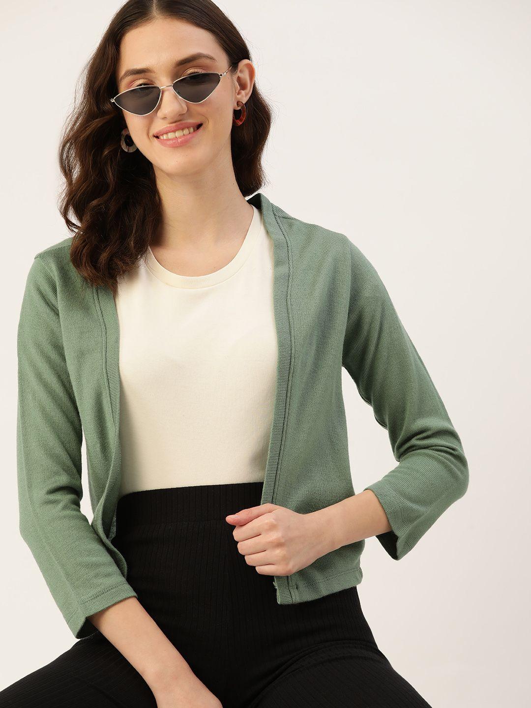 dressberry women green solid front-open acrylic sweater