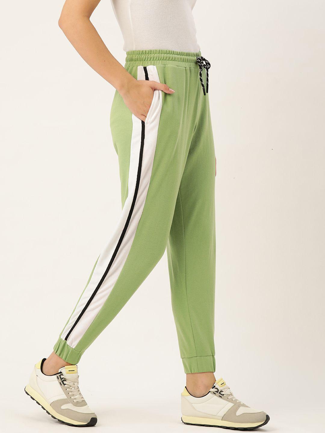 dressberry women green solid joggers with side striped detail