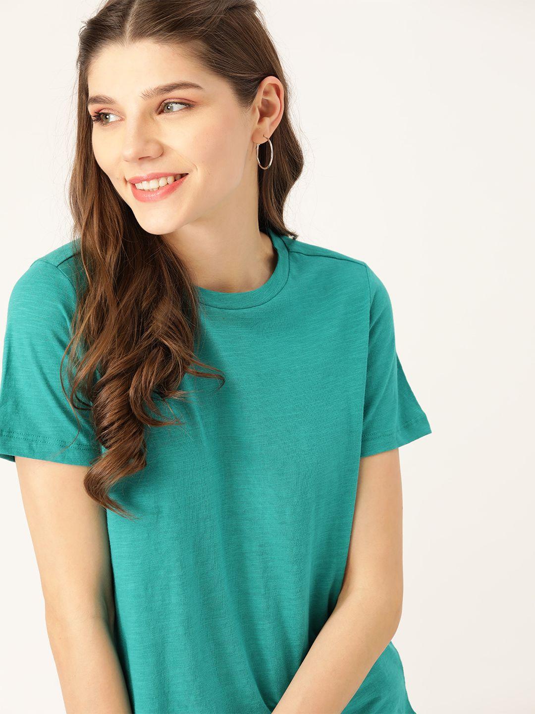 dressberry women green solid pure cotton round neck t-shirt