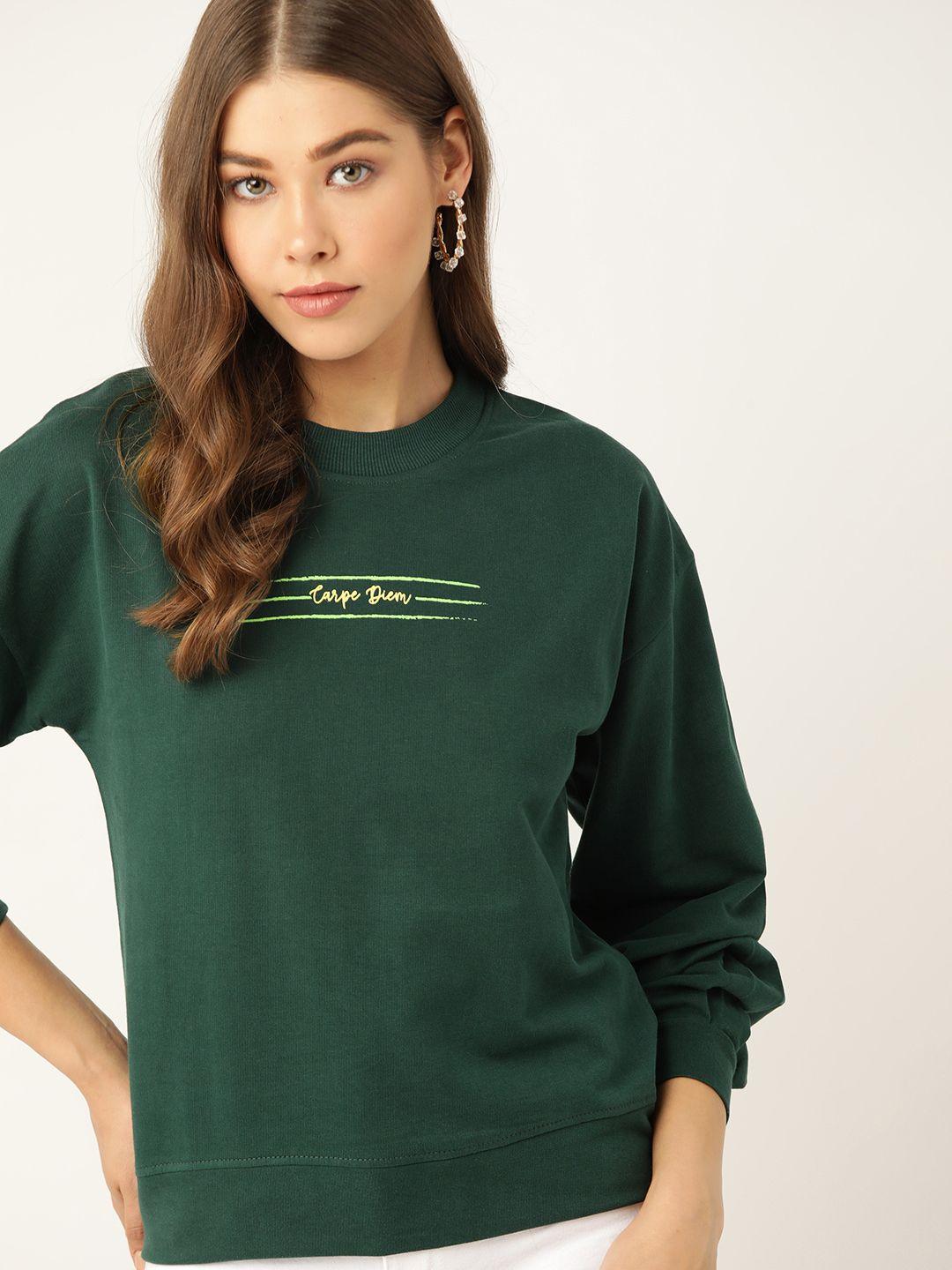 dressberry women green solid pure cotton sweatshirt with print detail