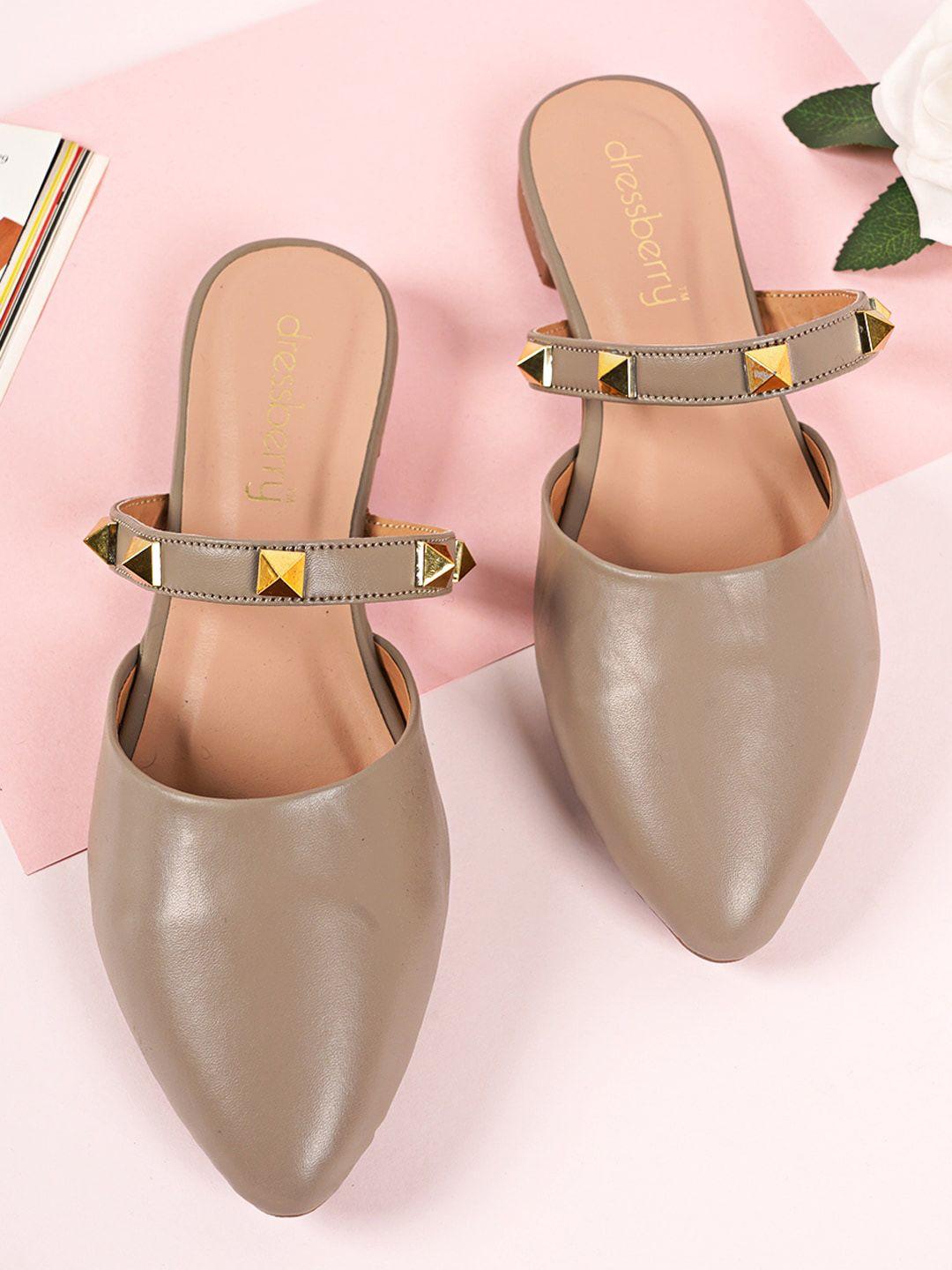 dressberry women grey & gold toned embellished pointed toe mules