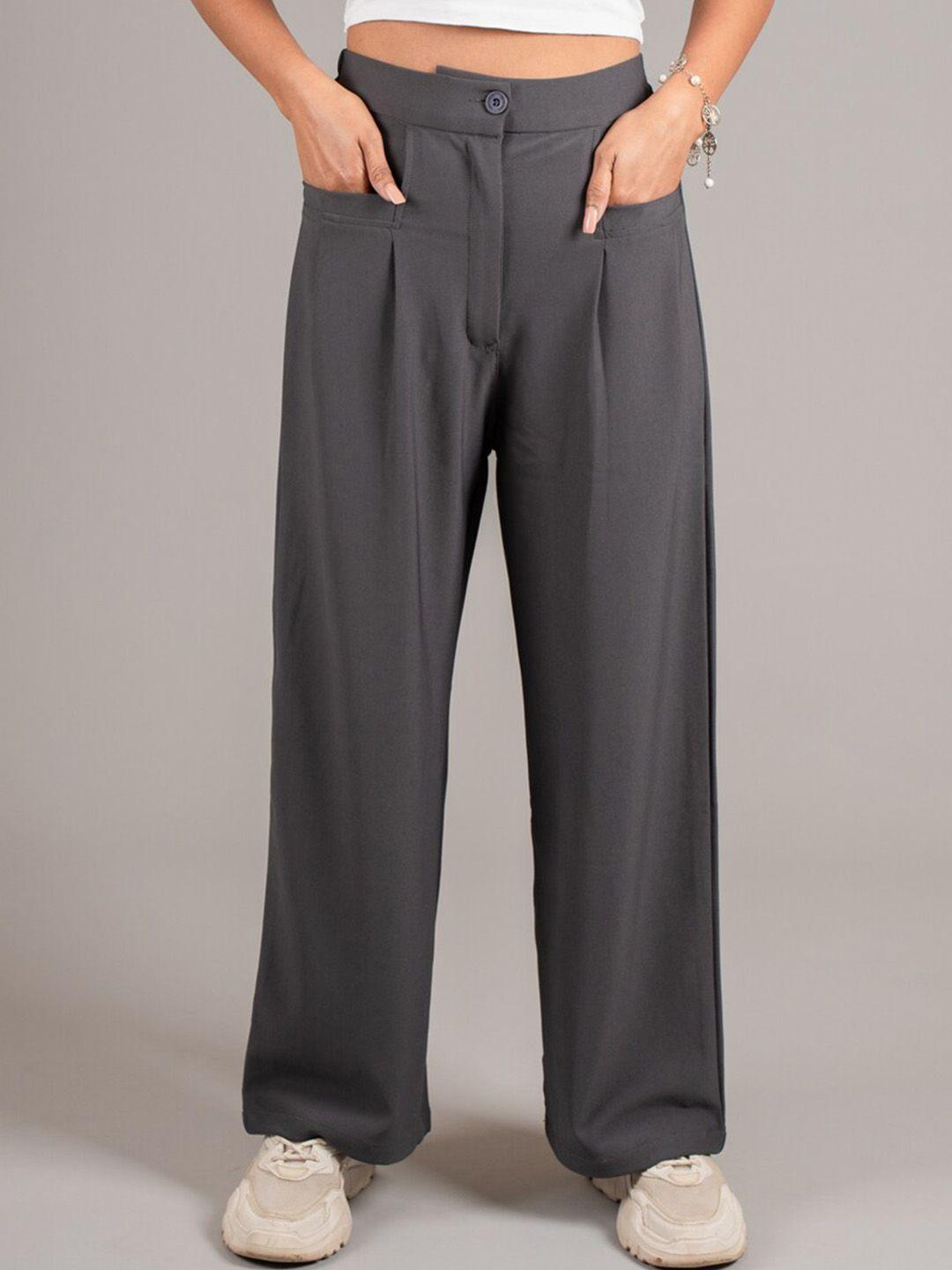 dressberry women grey high-rise pleated parallel trousers