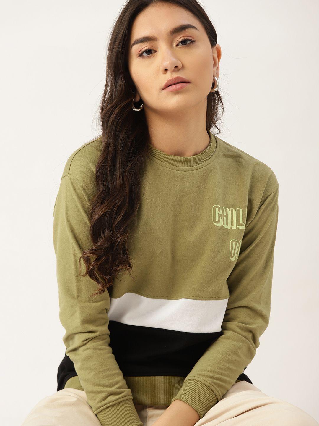 dressberry women khaki & black colourblocked sweatshirt