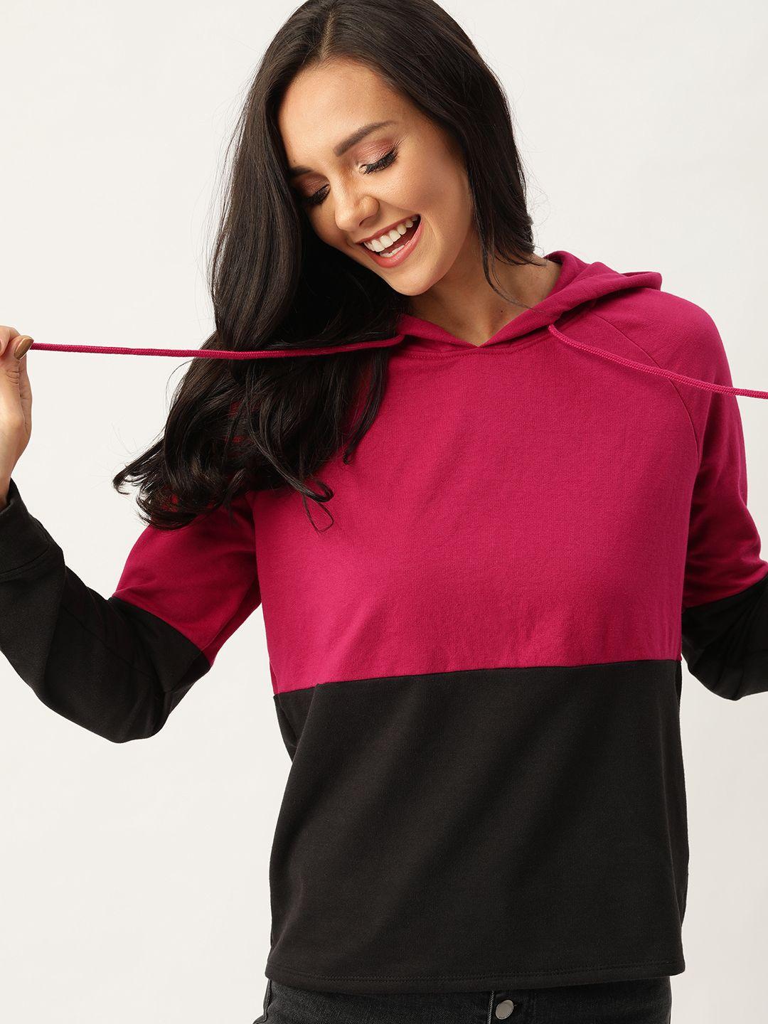 dressberry women magenta & black colourblocked hooded sweatshirt