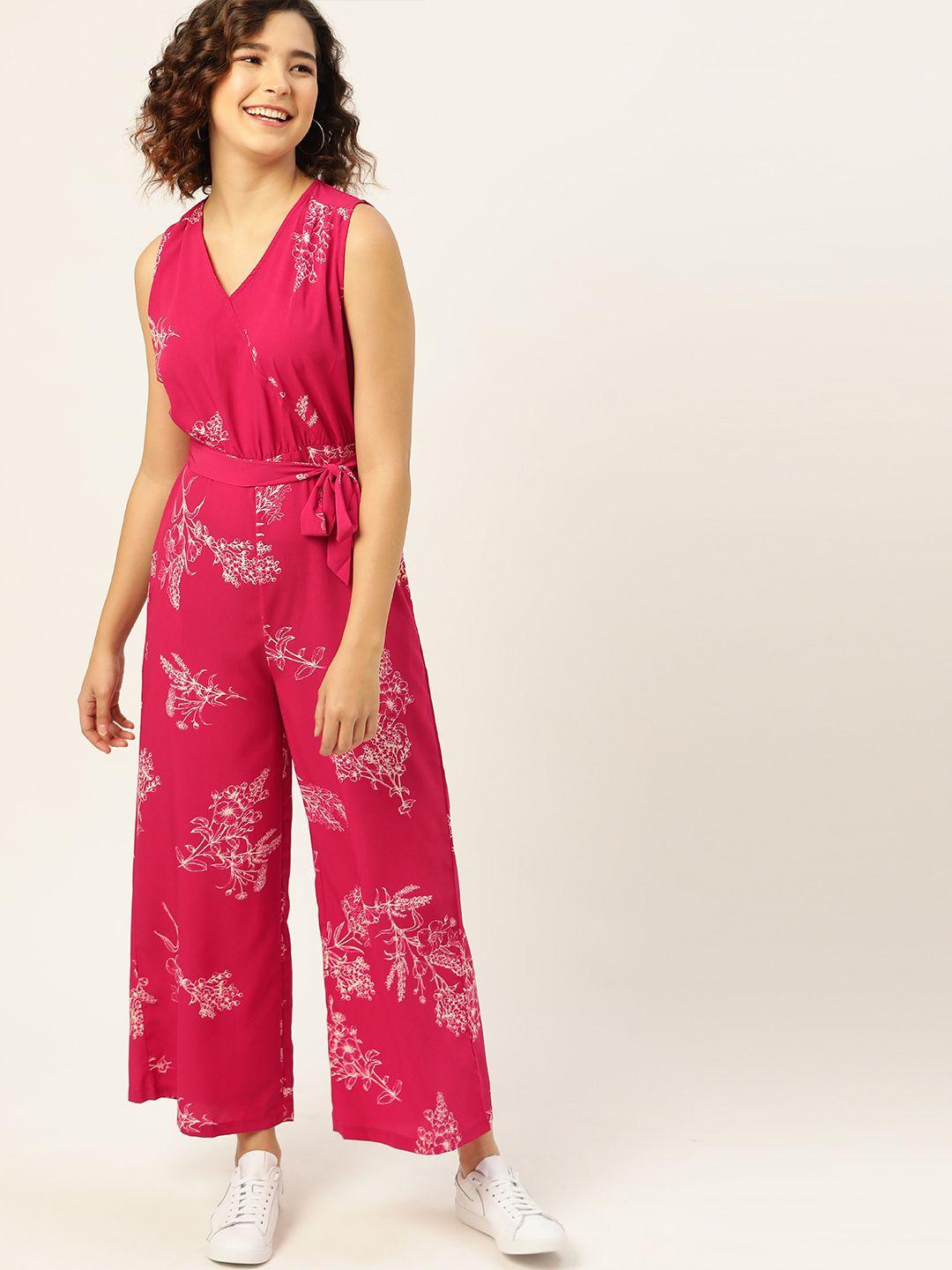 dressberry women magenta & white floral printed basic jumpsuit