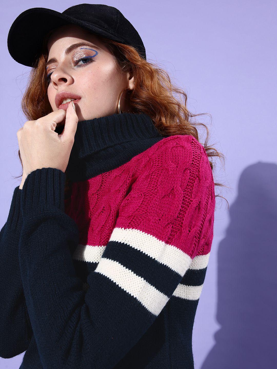 dressberry women magenta pink & navy blue colourblocked whipped for varsity pullover