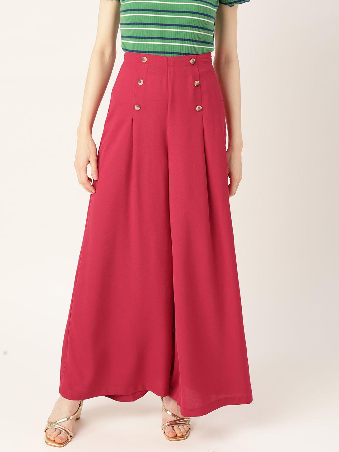dressberry women magenta solid flared pleated parallel trousers