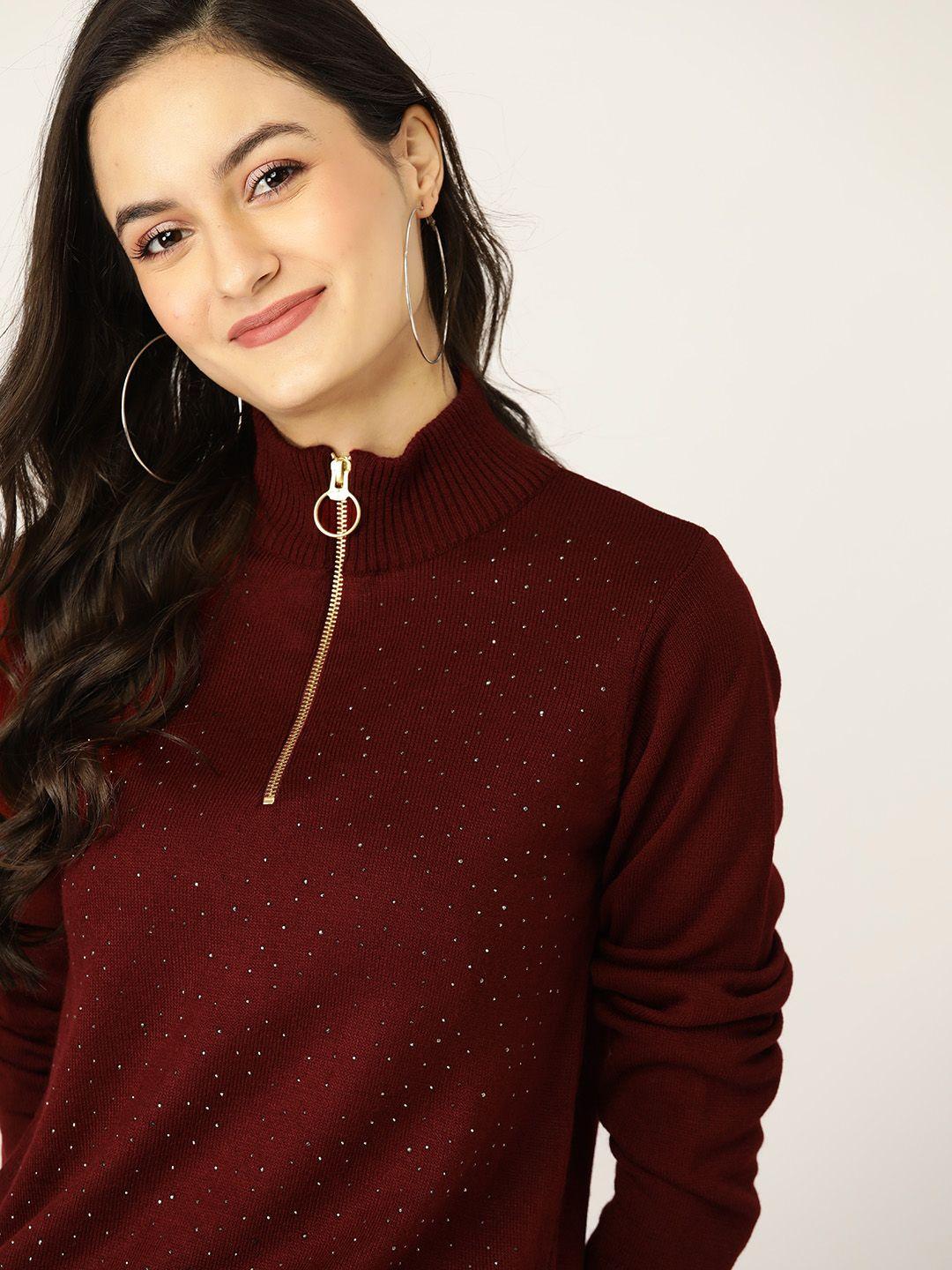 dressberry women maroon & silver embellished pullover sweater