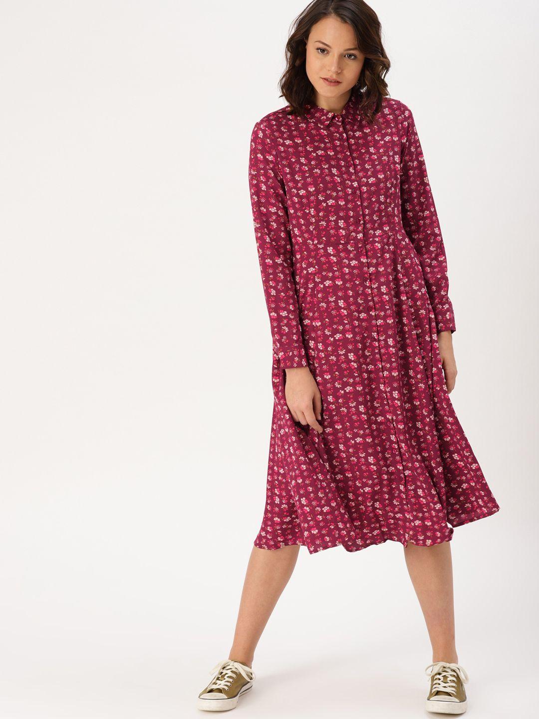 dressberry women maroon printed fit and flare dress