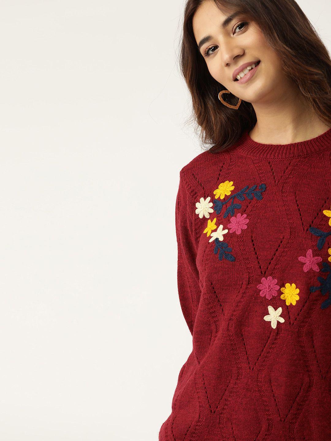dressberry women maroon self design pullover sweater