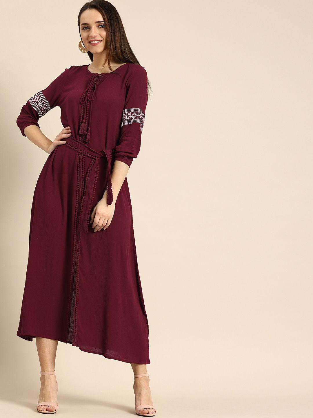 dressberry women maroon solid fit and flare dress