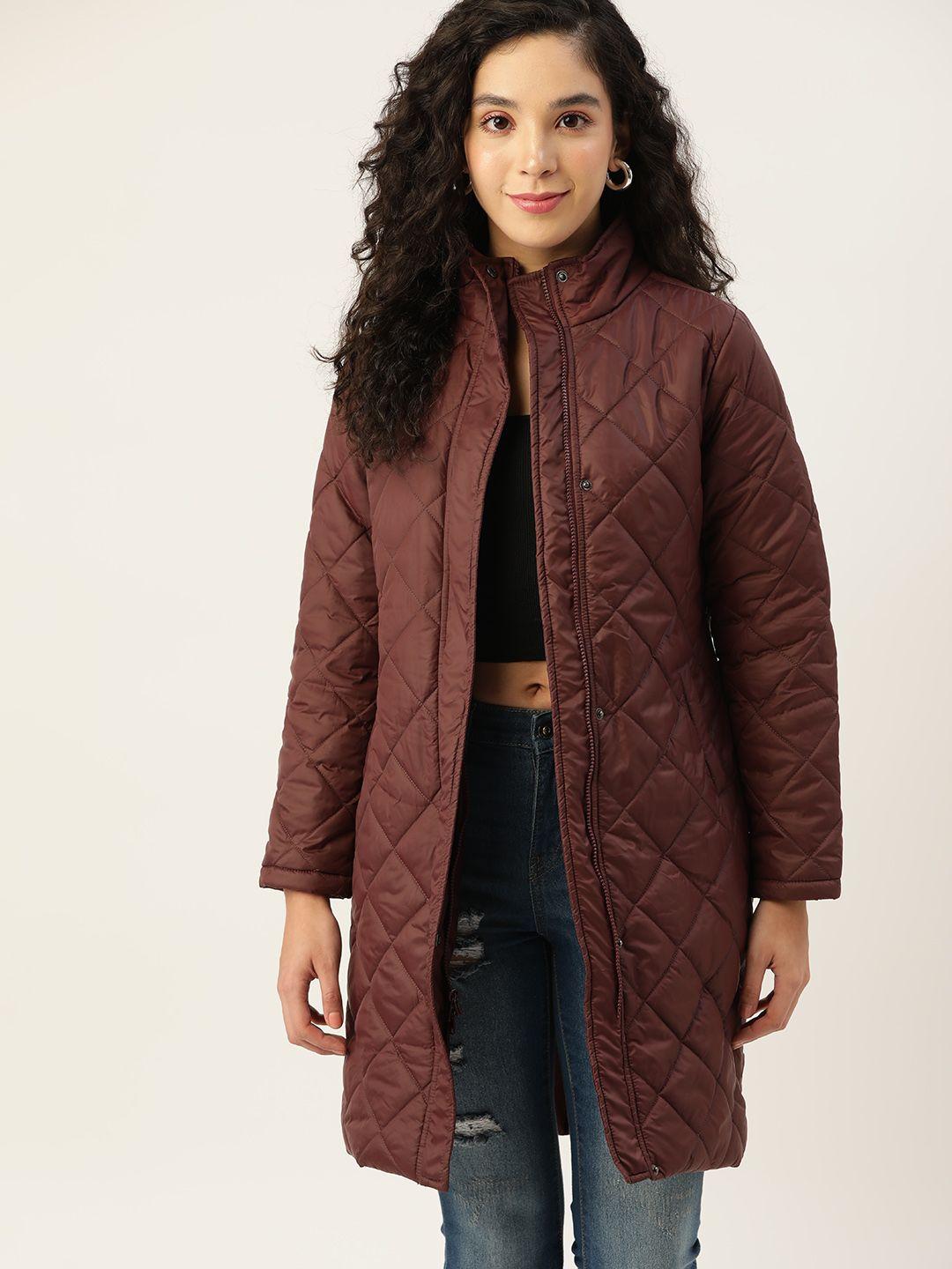 dressberry women maroon solid longline quilted jacket