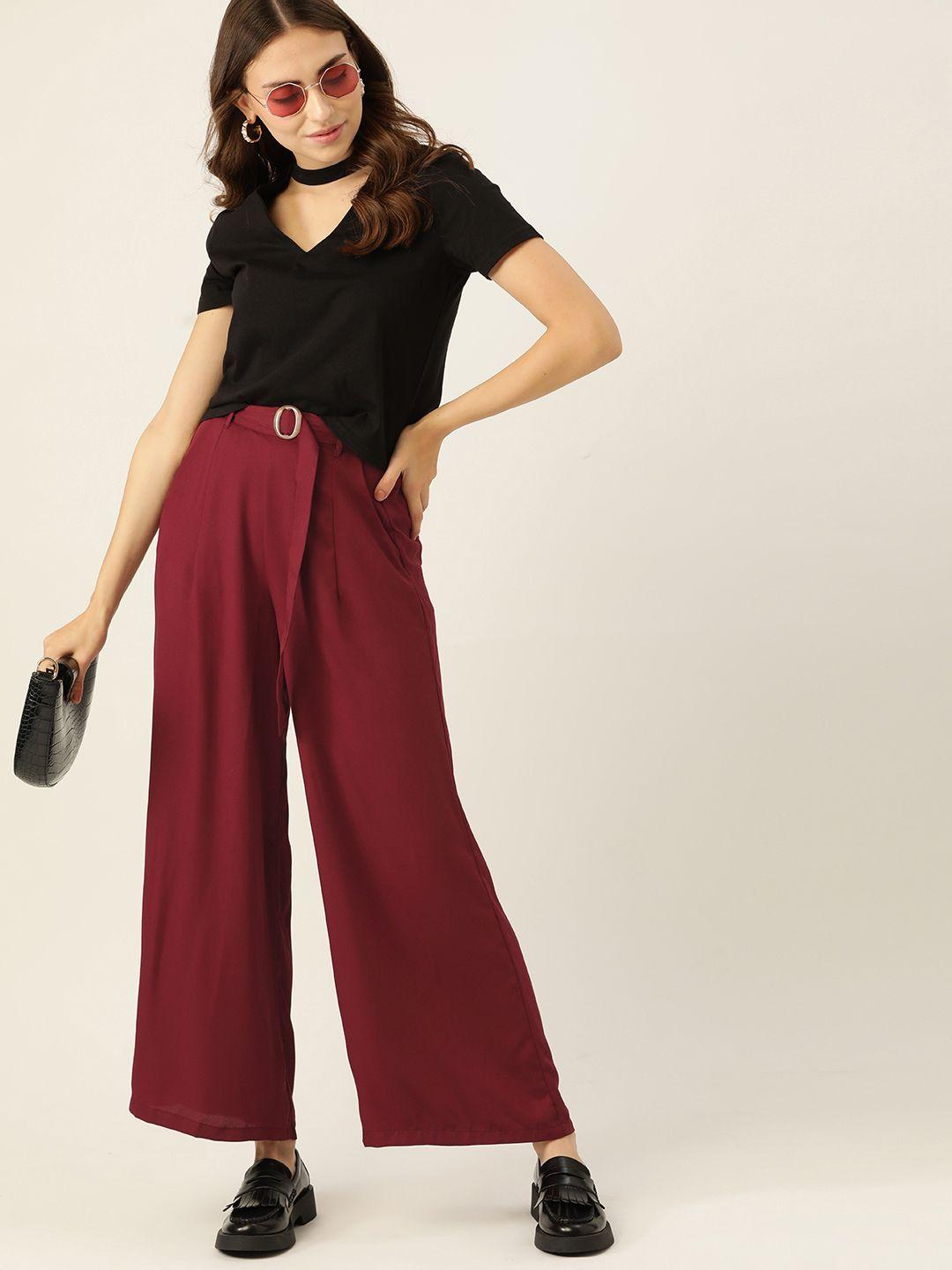 dressberry women maroon solid parallel trousers with belt