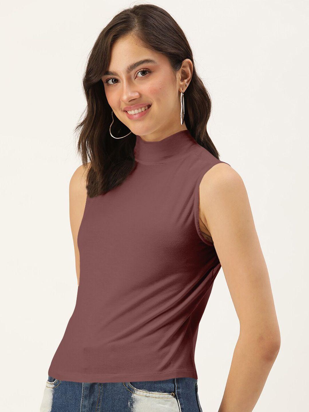 dressberry women maroon solid sleeveless high neck top