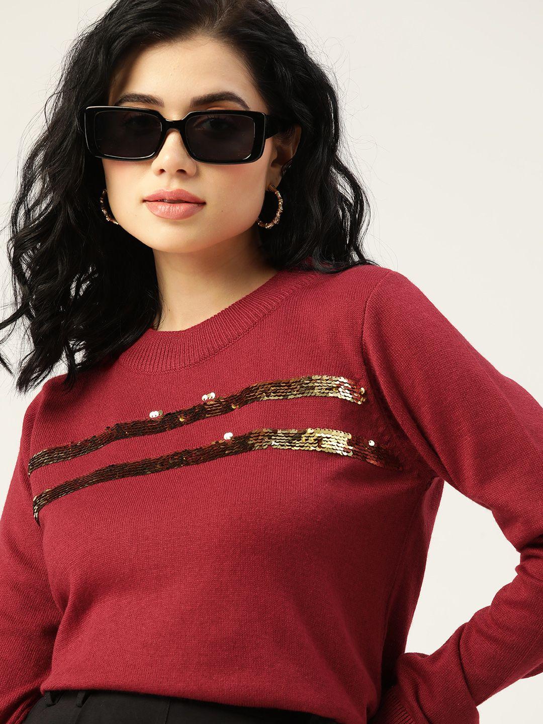 dressberry women maroon striped pullover with embellished detail