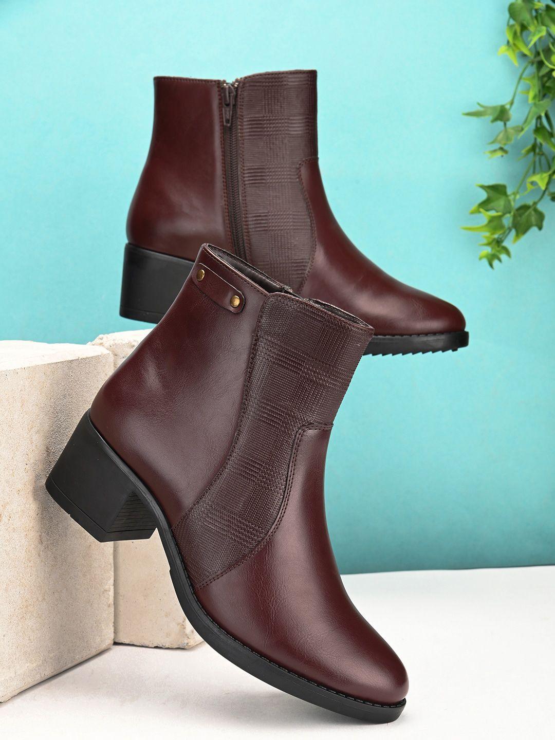 dressberry women maroon textured heeled mid-top chunky boots