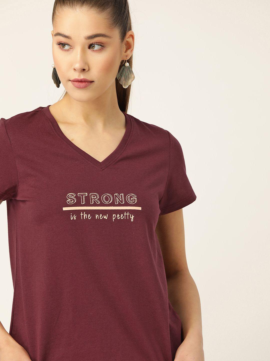 dressberry women maroon typography printed t-shirt