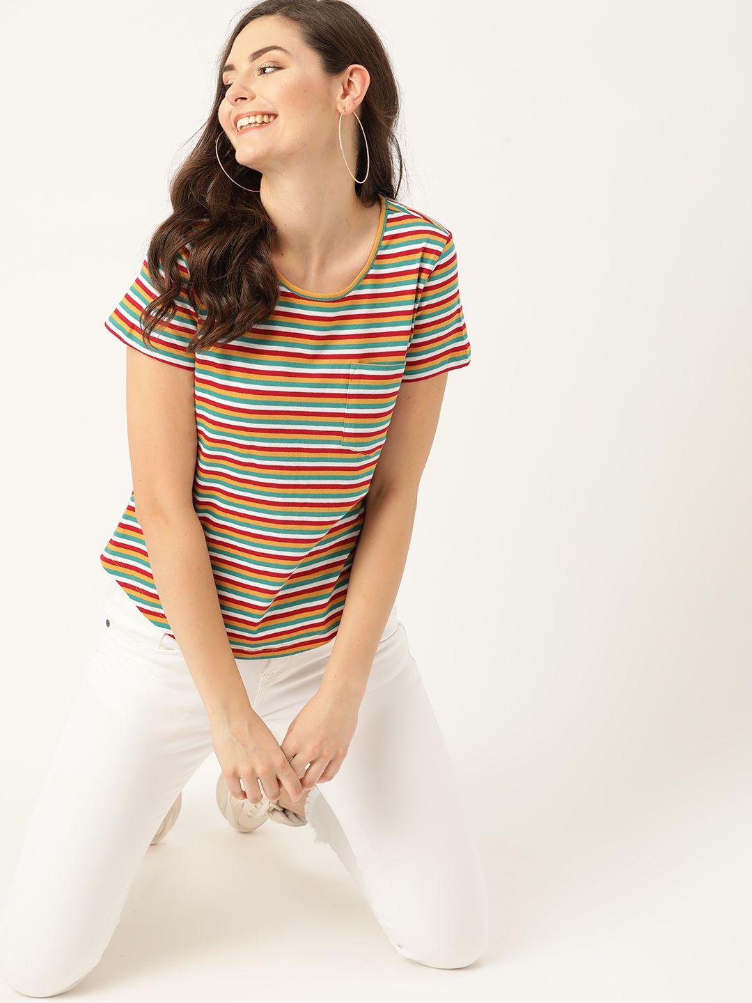 dressberry women multicoloured striped round neck pure cotton t-shirt