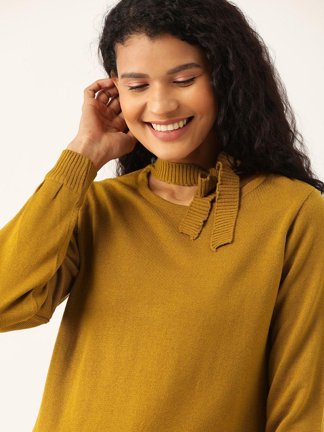 dressberry women mustard brown solid acrylic pullover