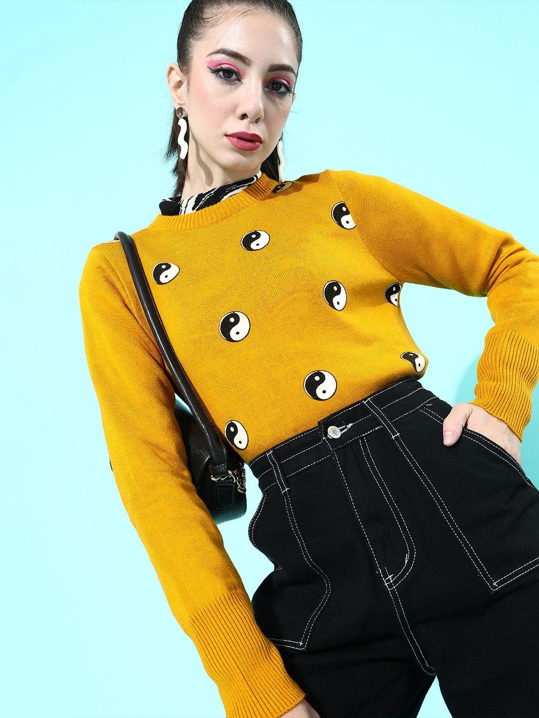 dressberry women mustard geometric knitted sweater