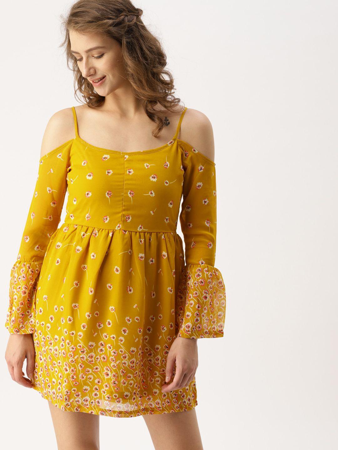 dressberry women mustard printed a-line dress