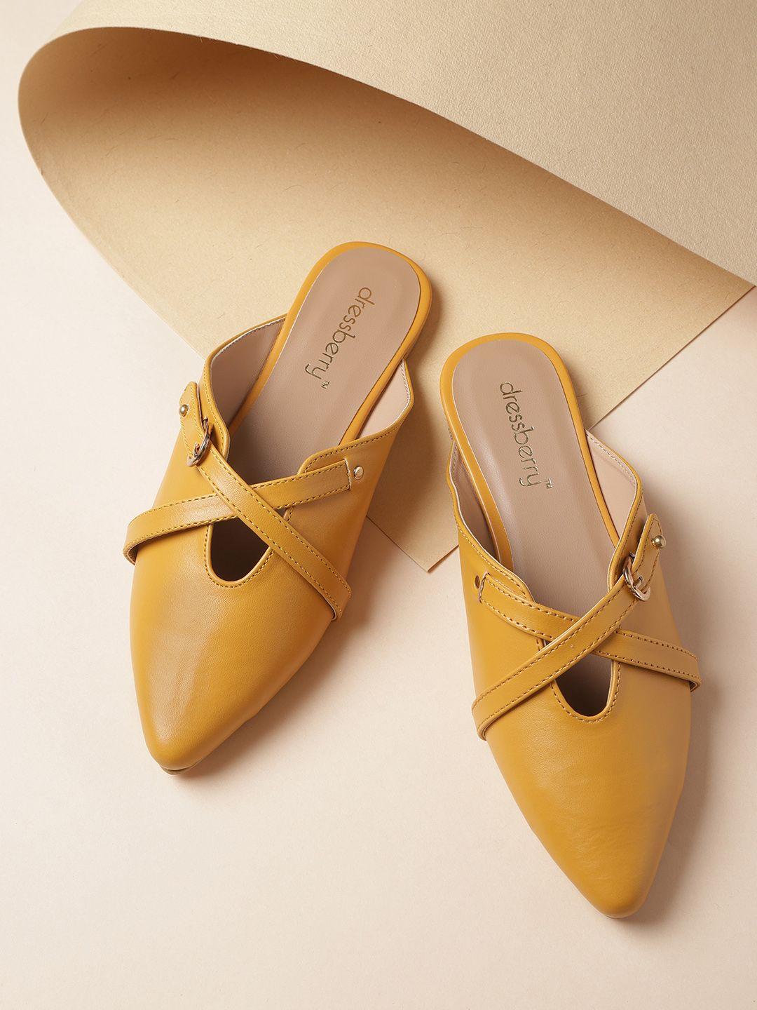 dressberry women mustard solid mules with buckle detail