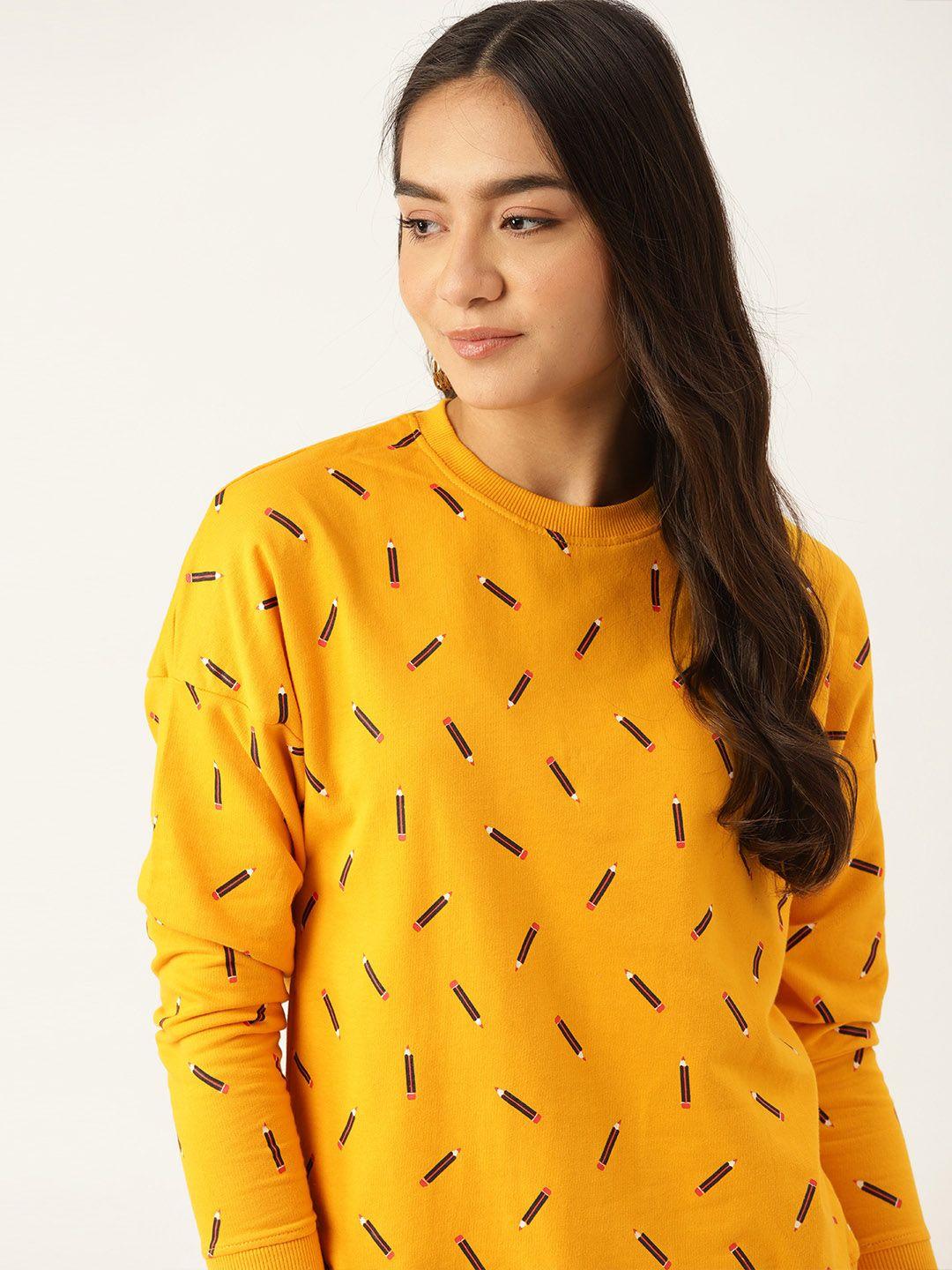 dressberry women mustard yellow & black pencil print cotton sweatshirt