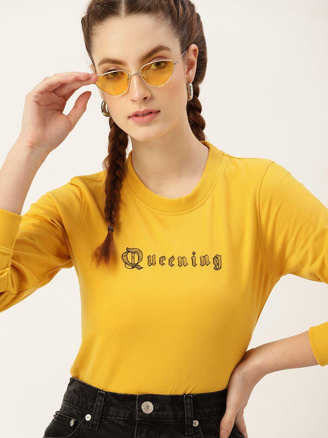 dressberry women mustard yellow & black printed sweatshirt