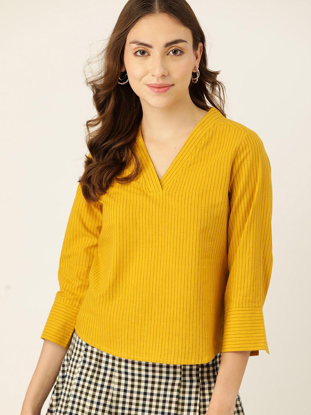 dressberry women mustard yellow & black striped pure cotton top