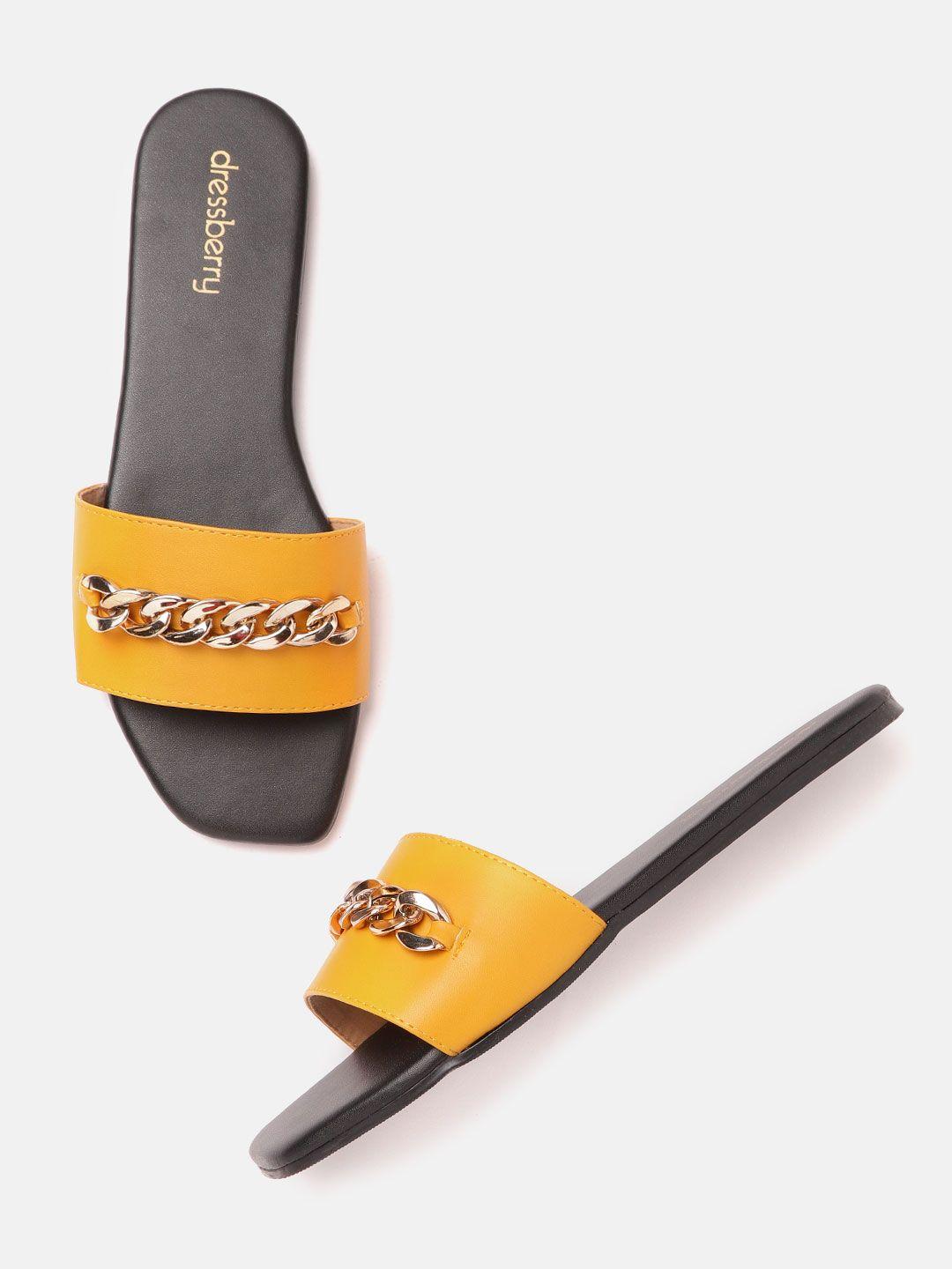 dressberry women mustard yellow & gold-toned chain detail open toe flats